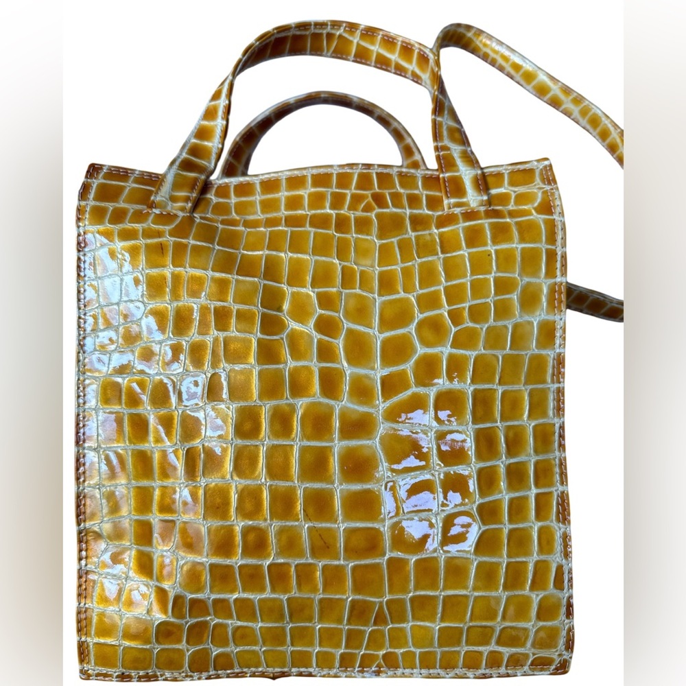 Revillon Bianco Pearlized patent leather yellow faux croc tote.  Made in Italy.